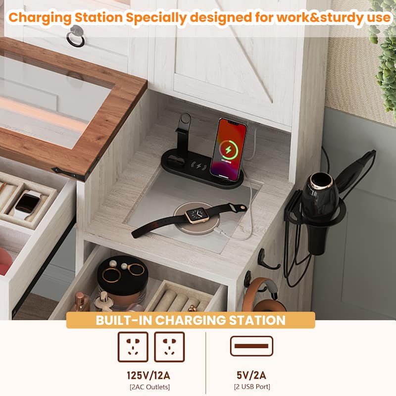 Farmhouse Vanity Desk with Sliding Mirror and Lights