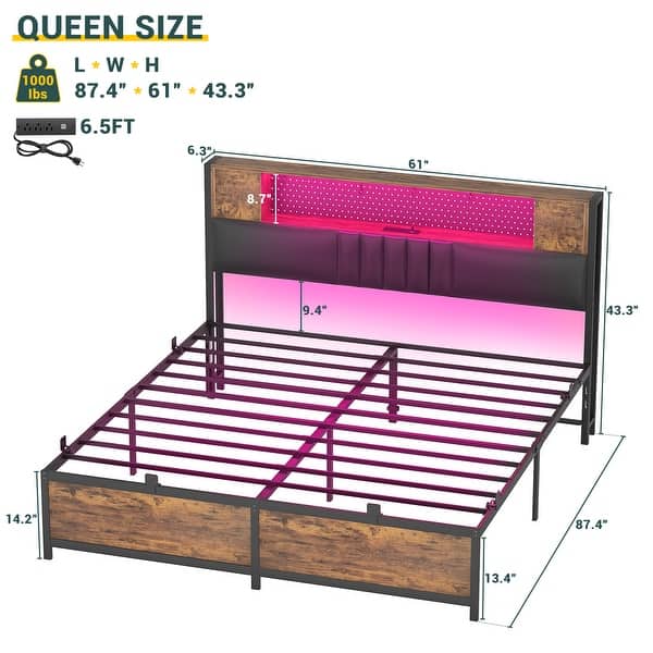 dimension image slide 3 of 9, Farmhouse Bed Frame with Holey Board, Upholstered Headboard Platform Bed with Charging Station