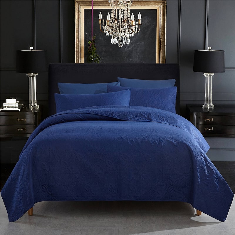 3-piece Fashionable Solid Embossed Quilt Set Bedspread Cover - Navy flower - Queen