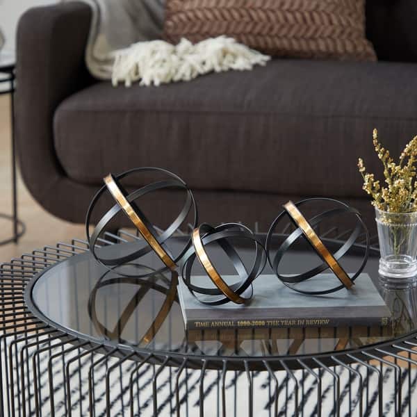 Black Metal Orb Geometric Decorative Sculpture with Gold Accents (Set of 3)