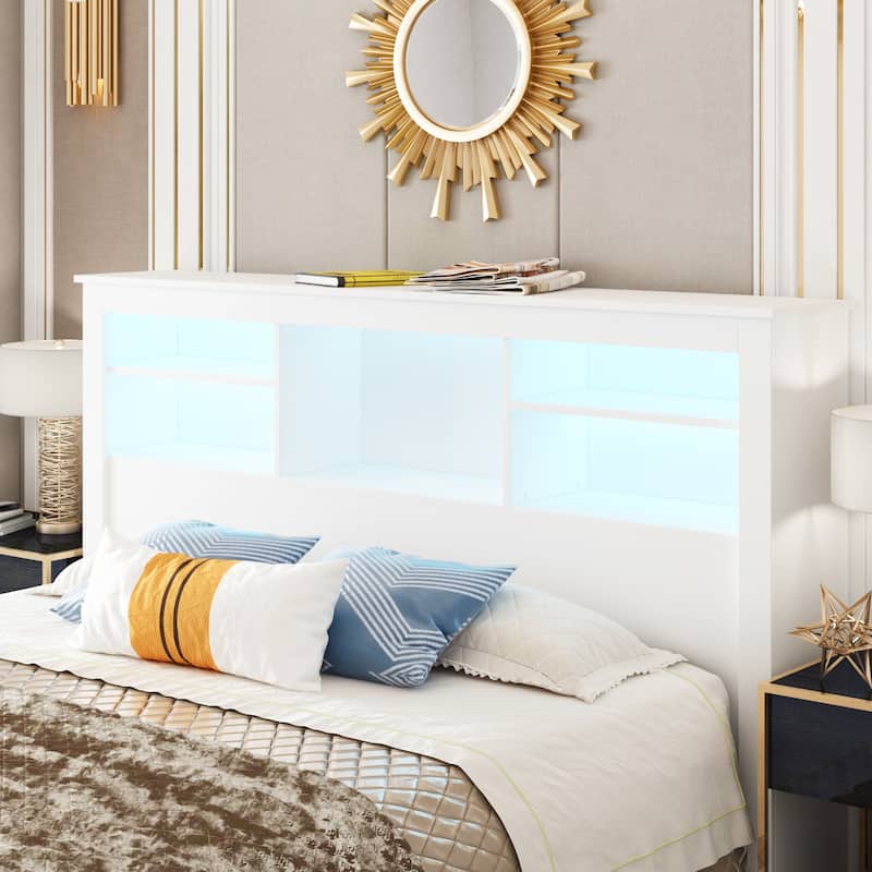 Queen Size Bookcase Headboard With A Hole For Passing Cords & Lights - With Power Outlet