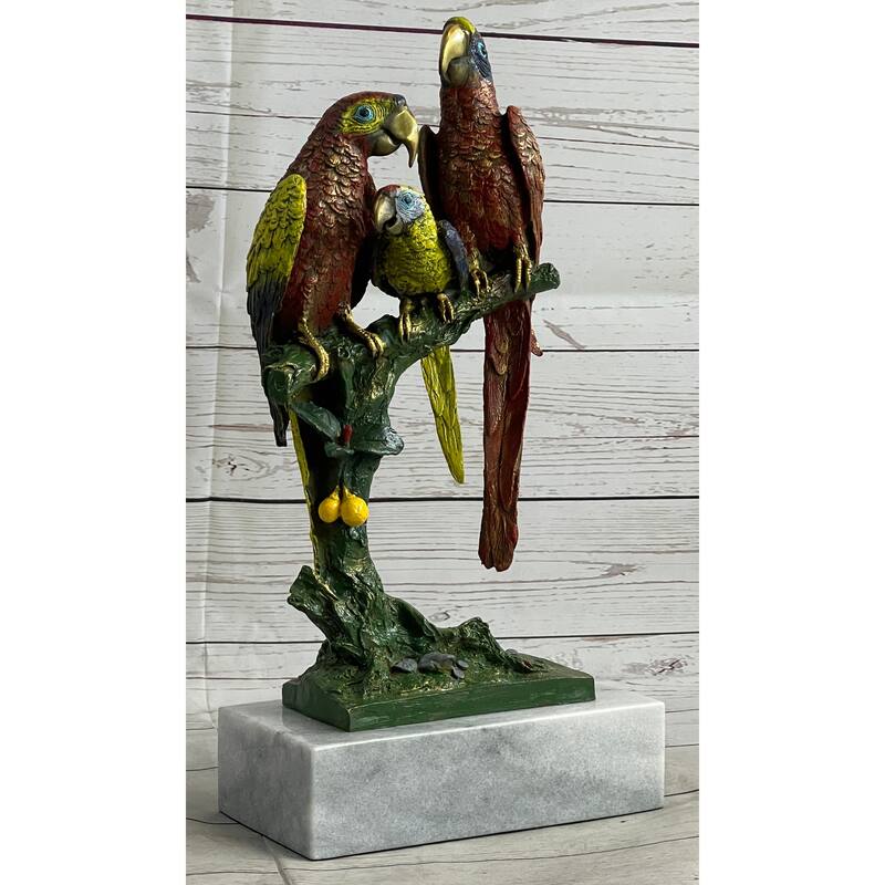 Handcrafted Brazilian Parrot Family Bronze Sculpture On White Marble Base