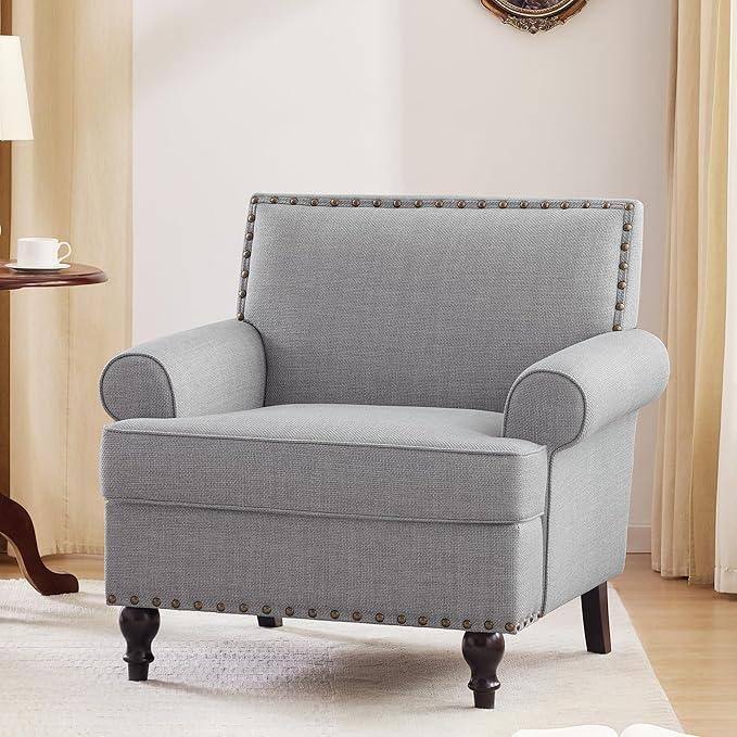 Gray 31" Upholstered Arm Chair with Nailheads and Wood Legs