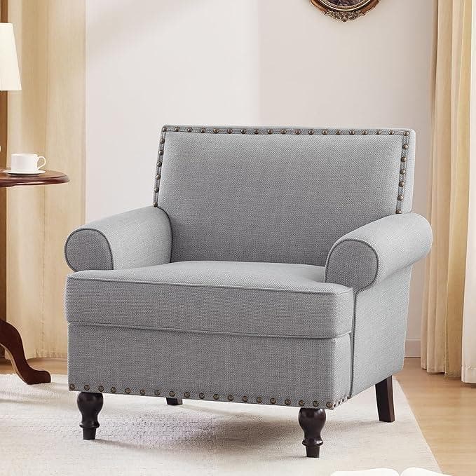 Modern 31" Upholstered Arm Chair with Nailheads and solid wood Legs for Living Room - Gray