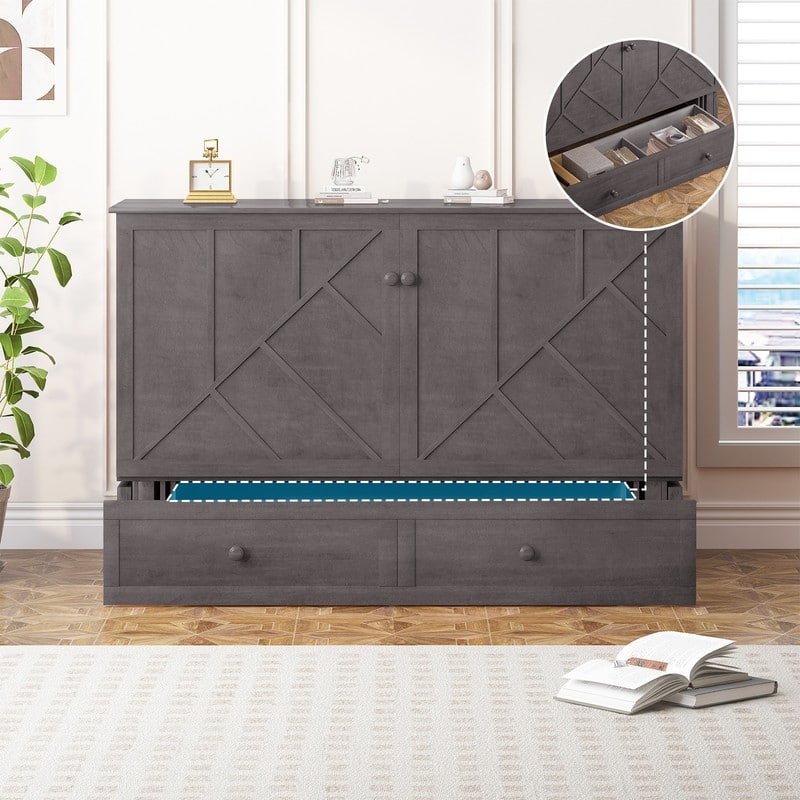 Mixoy Modern Queen Murphy Bed Chest with Mattress and USB ports