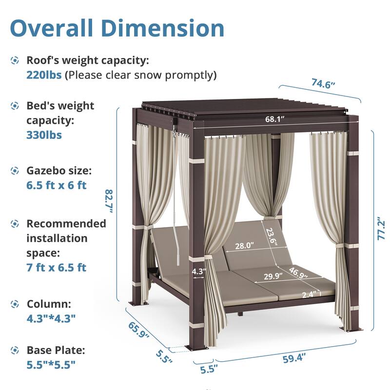 Outdoor Patio Daybed With Canopy, Double Chaise Lounge Sunbed With Adjustable Seats, Aluminum Outdoor Patio Sunbed For Garden