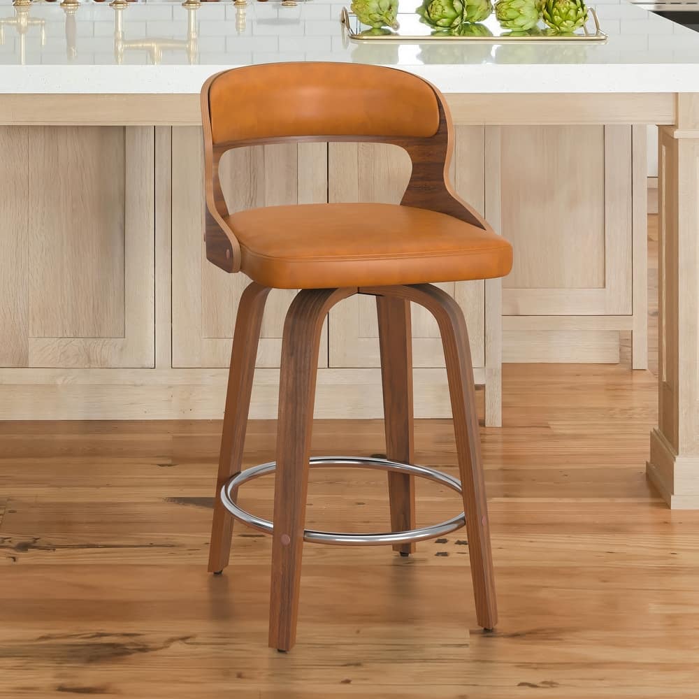 PU Leather 26in. Swivel Barstool Counter Height Low Back Solid Wood Stool for Kitchen Islands with Curved Backrest