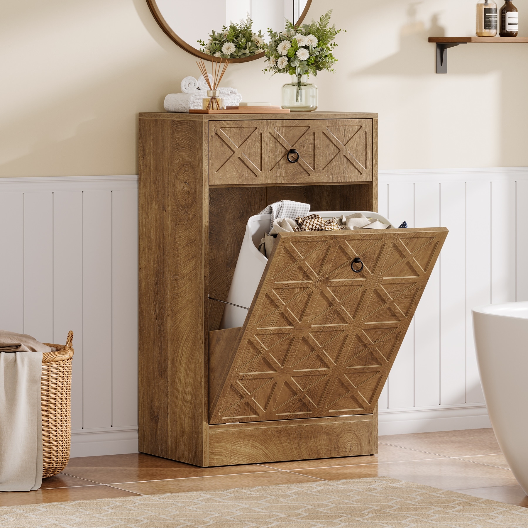 13 Gallon Tilt-Out Laundry Hamper Cabinet, Wooden Hidden Laundry Hamper