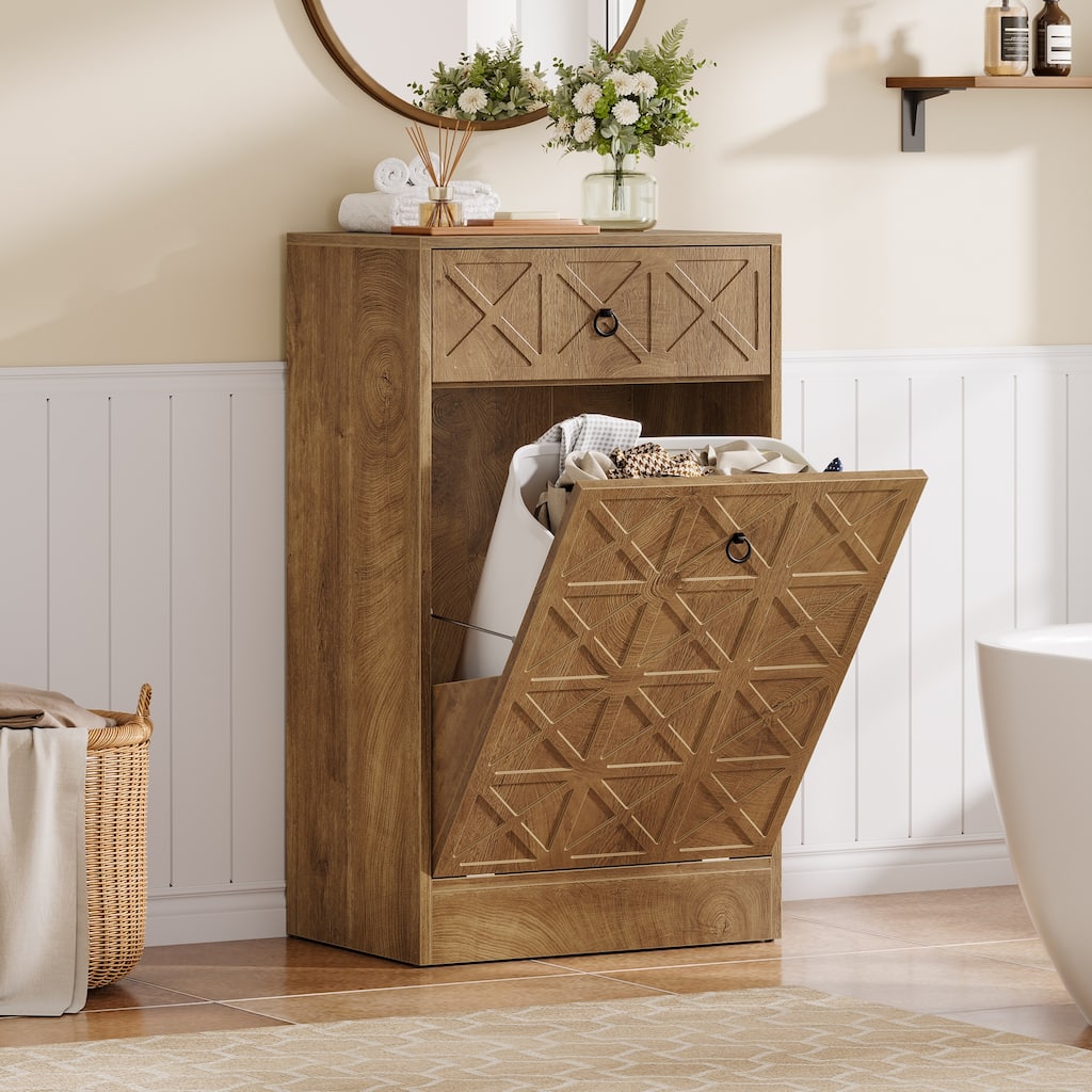 13 Gallon Tilt-Out Laundry Hamper Cabinet with Drawer, Freestanding Hidden Laundry Sorter Storage Unit for Bathroom