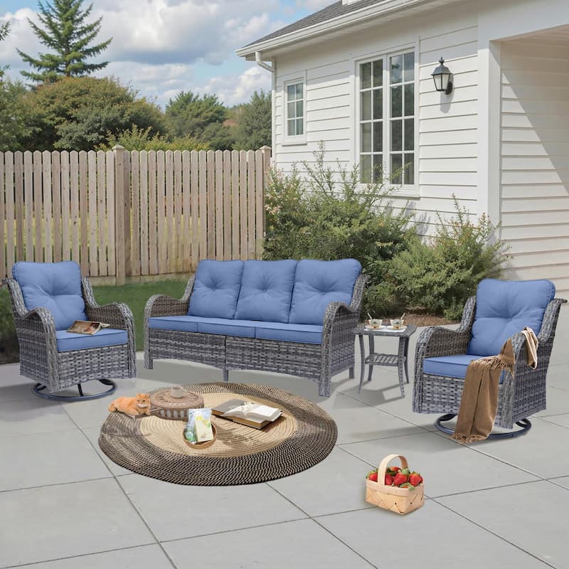 High Back 4-Piece Outdoor Wicker Patio Furniture Seating Sofa Set with Swivel Chairs
