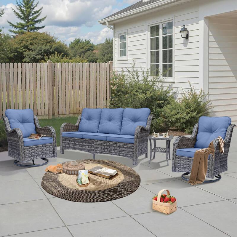 Gray Wicker Outdoor Patio Conversation Seating Sets with Swivel Chairs - 4 Pieces - Denim Blue
