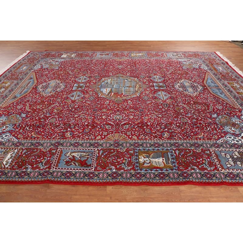 Pictorial Red Floral Kashan Turkish Area Rug Machine-Made Carpet - 9'8" x 12'11"