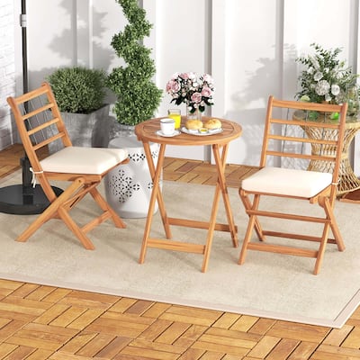 3 PCS Patio Wood Bistro Set Folding Table Chair Set w/ Seat Cushions