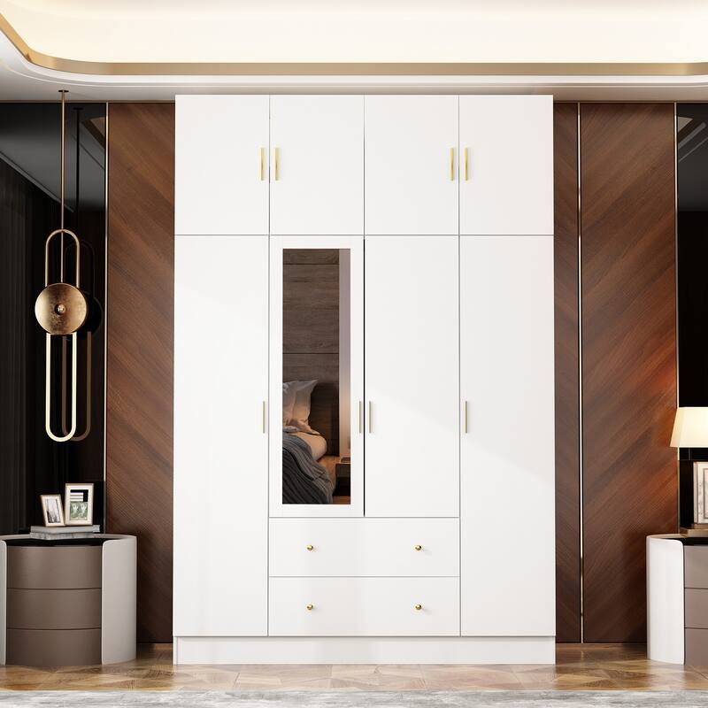 4 Door Wardrobe Large Storage Cabinet Armoire with Mirror and 2 Drawer