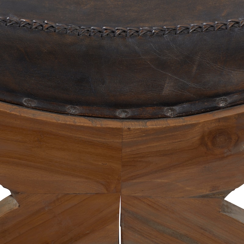 Leather Handmade Accent Chair with Ottoman with Scrolled Wood Arms and Arched Legs - Brown or Black - Roche River Decor