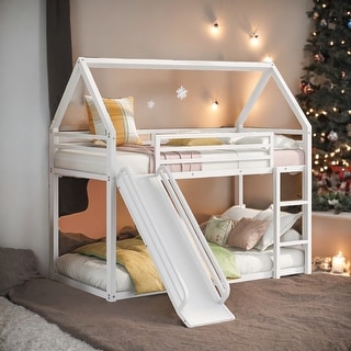 Twin Over Twin House Bunk Bed With Convertible Ladder and Slide for Home