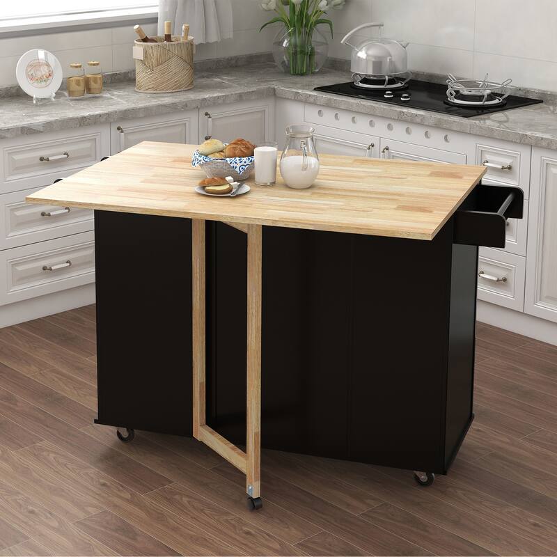 Anmytek Extensible Kitchen Island with Spice Rack Towel Rack Solid Wood Top Black