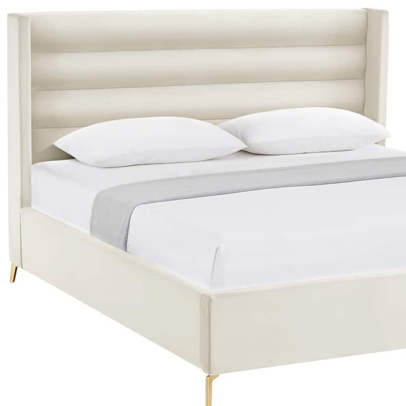 HomeRoots Cream Velvet Upholstered Full Bed Frame