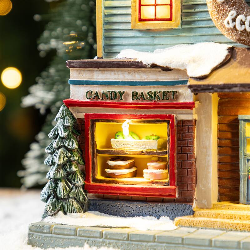 Glitzhome 10.25"H Lighted Christmas Donuts & Coffee Shop Resin Village with Movement and Music