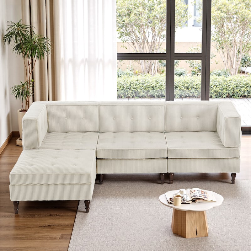 UIXE 4 - Piece Corduroy Sectional Sofa with Flip-Top Storage Ottoman Coffee Table