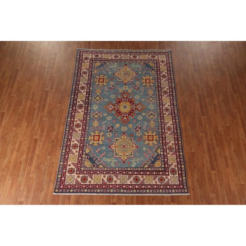 Light Blue Kazak Geometric Area Rug Wool Carpet - 6'7" x 9'10"