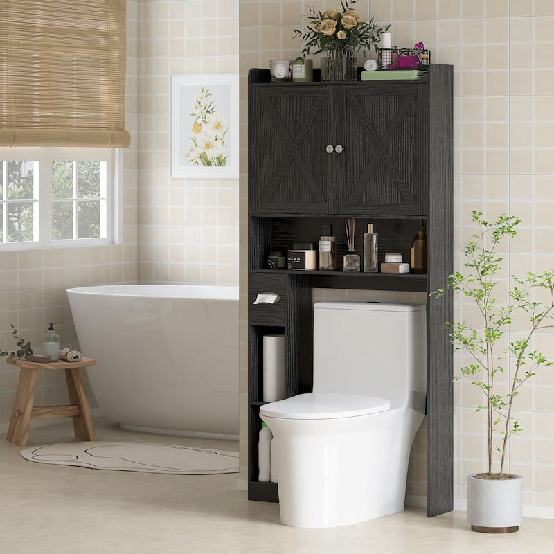 MDF Farmhouse Over Toilet Cabinet with Barn Doors and Adjustable Shelf - 32.1" W x 7.7" D x 67.7" H