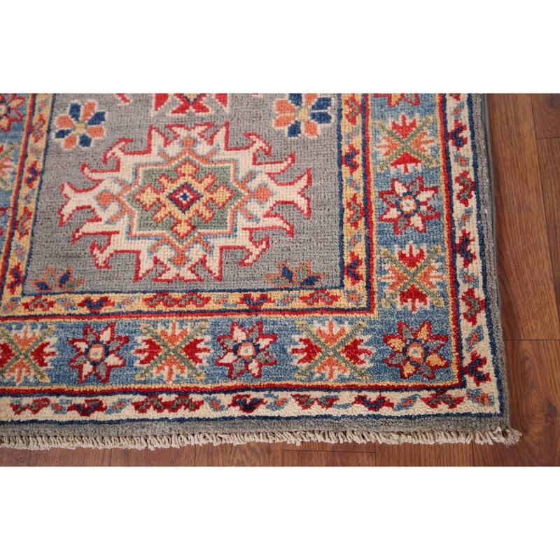 Gray Geometric Kazak Oriental Foyer Rug Hand-Knotted Wool Carpet - 2'0" x 3'0"