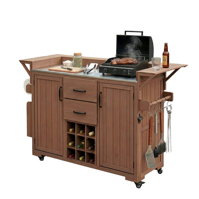 Modern 60.2" W Outdoor BBQ Kitchen Island with Wheels, Stainless Steel Top, Drawers, Spice Rack & Wine Rack