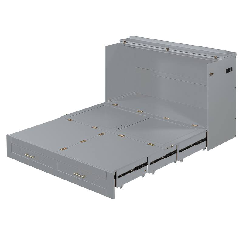 Full Size Murphy Bed with Pulley Structure Design, Drawer and USB Ports for Bedroom