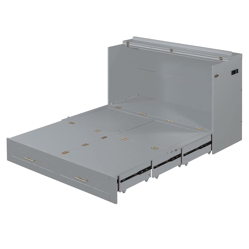 Queen Size Murphy Bed with Pulley System, Storage Drawer, USB Ports, and Sockets, Space-Saving