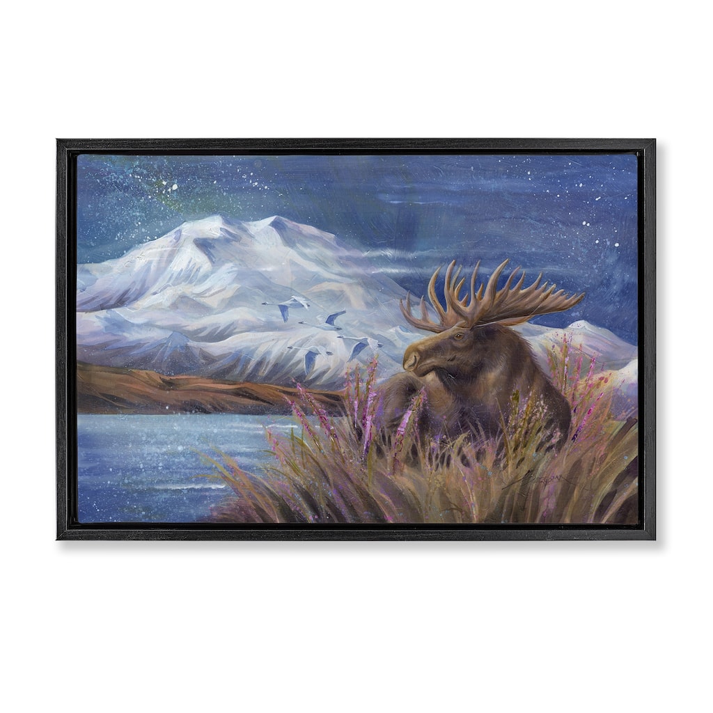 Stupell Moose & Snowy White Mountain Framed Floater Canvas Wall Art Design By Jody Bergsma