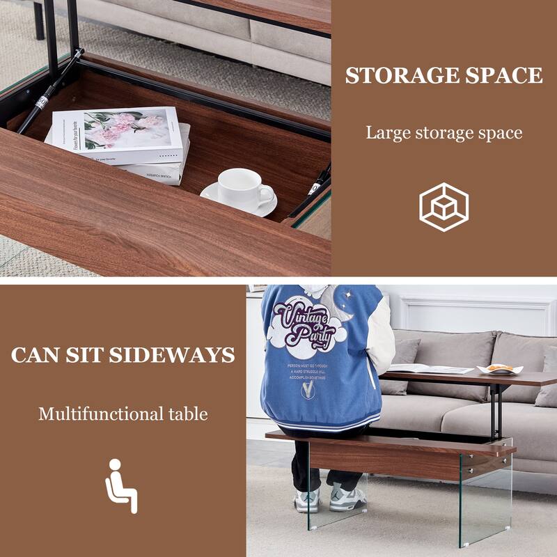 Roomfitters Lift Top Coffee Table with Glass Legs and Storage, Light Wood Grain Finish, Modern Living Room Style