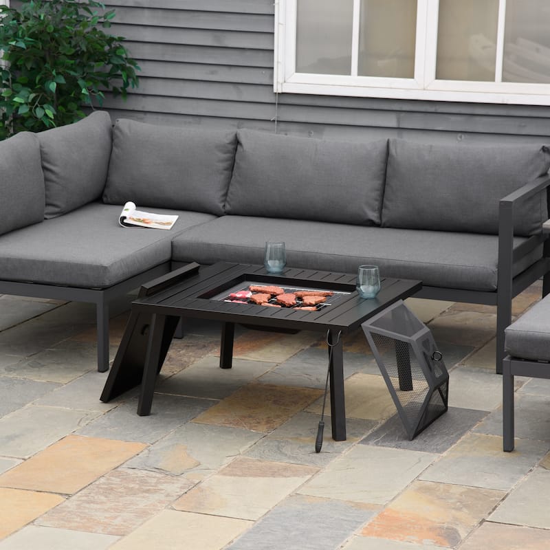 Outsunny 34" x 32" Outdoor Fire Pit, Portable Wood Burning Firepit Table, Barbecue Grill with Spark Screen, Poker - Black