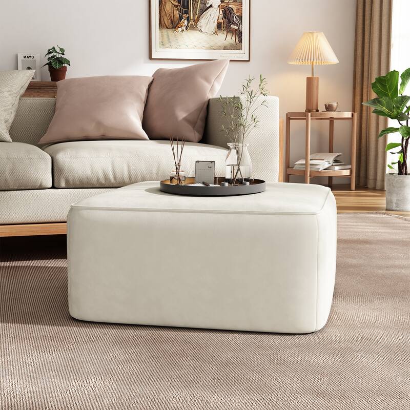 Square PU Leather Ottoman - Upholstered Footrest for Living Room - Cream