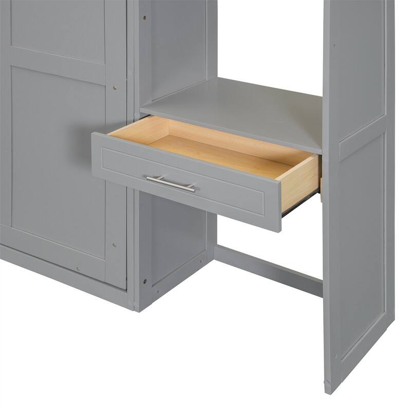 Full/Queen Size Murphy Bed Wall Bed w/ Bulit-in Desk & Top Cabinet, Space Saving Foldable Murphy Cabinet Bed w/ Storage Shelves