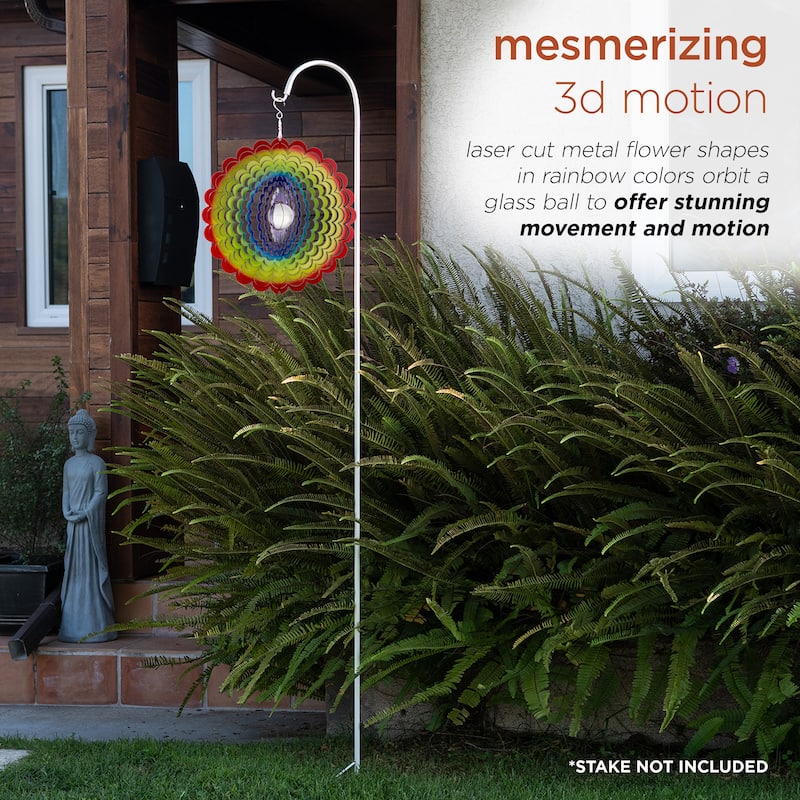 Alpine Corporation 12" Round Outdoor Hanging Rainbow Flower Metal Planet Wind Spinner with Clear Glass Ball