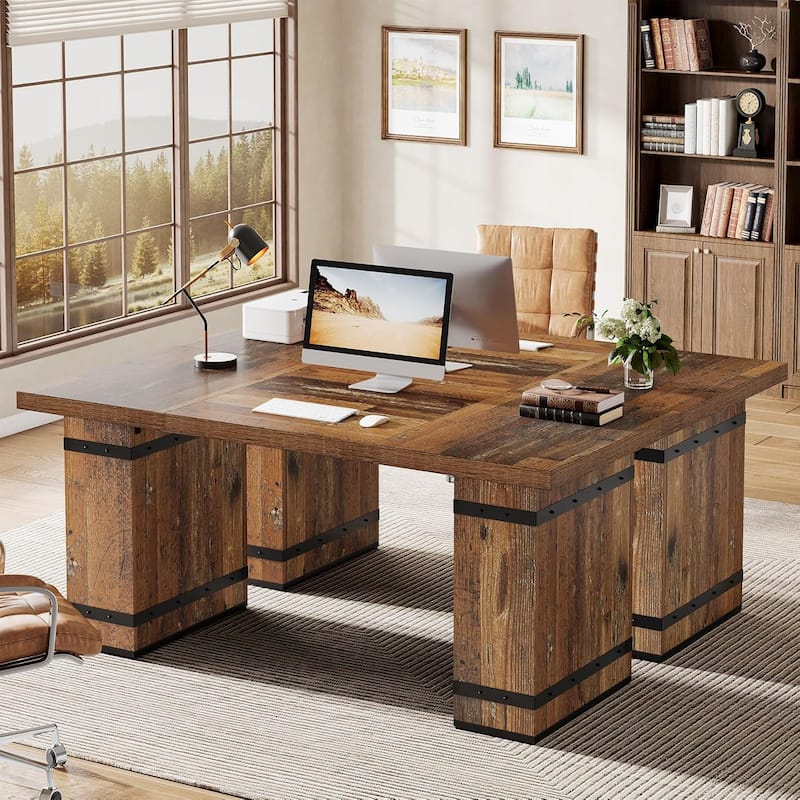 63-Inch Executive Desk with Heavy Duty Base, Large Business Workstation Table for Home Office, Mix-Brown