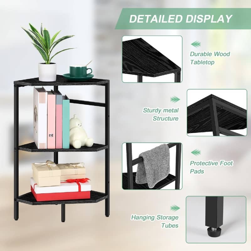 3 Tier Wooden Corner Shelves Standing - 23.62"D x 11.81"W x 24.6"H