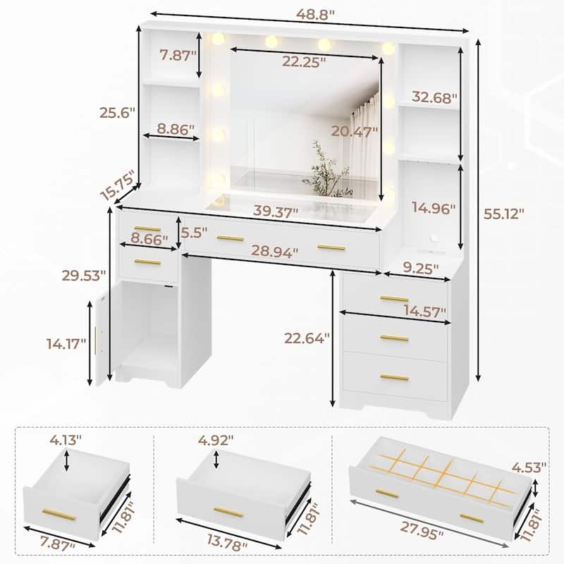 Vanity Desk Mirror Power Outlet 4 Shelves 6 Drawers Glass Tabletop