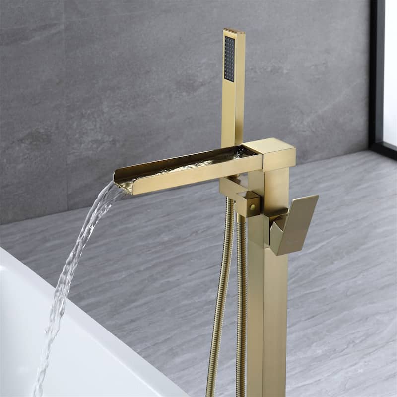 Freestanding Tub Faucet With Hand Shower Waterfall Tub Filler Floor Mount Bathtub Faucet With Handheld Shower
