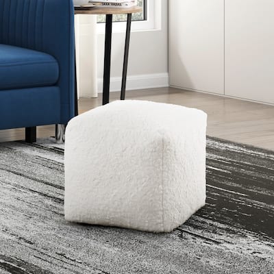 Modern Square Pouf Off Faux Fur Fabric Upholstered Ottoman, Footstool, NonSlip Floor Pouf, Bean Bag Chair, 1pc Sitting Pouf