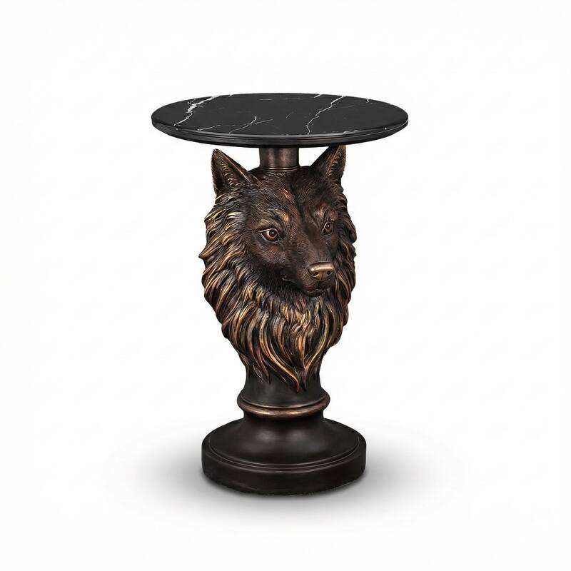 Wolf Head Accent Table Animal Statue End Tables Livingroom - Antique brown