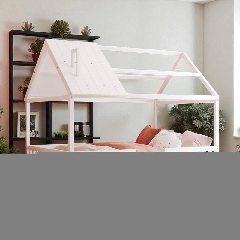 Full Size Wood House Bed Frame with Fence and Roof, Montessori-Inspired Kids Bed with Slats, No Box Spring Needed