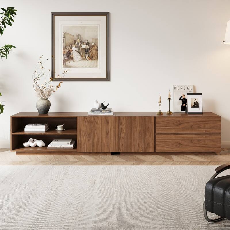 94.7" Modern Mid-Century Brown Wood TV Stand with Storage - Convertible Flat/Stackable Media Console for Living Room - Brown