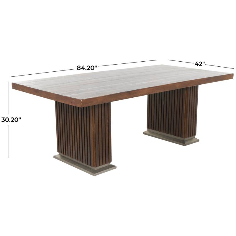 Mango Wood Mid Century Modern Dining Table with Ribbed Legs and Silver Bases - Brown - Roche River Decor - 42"W x 84"L x 30"H
