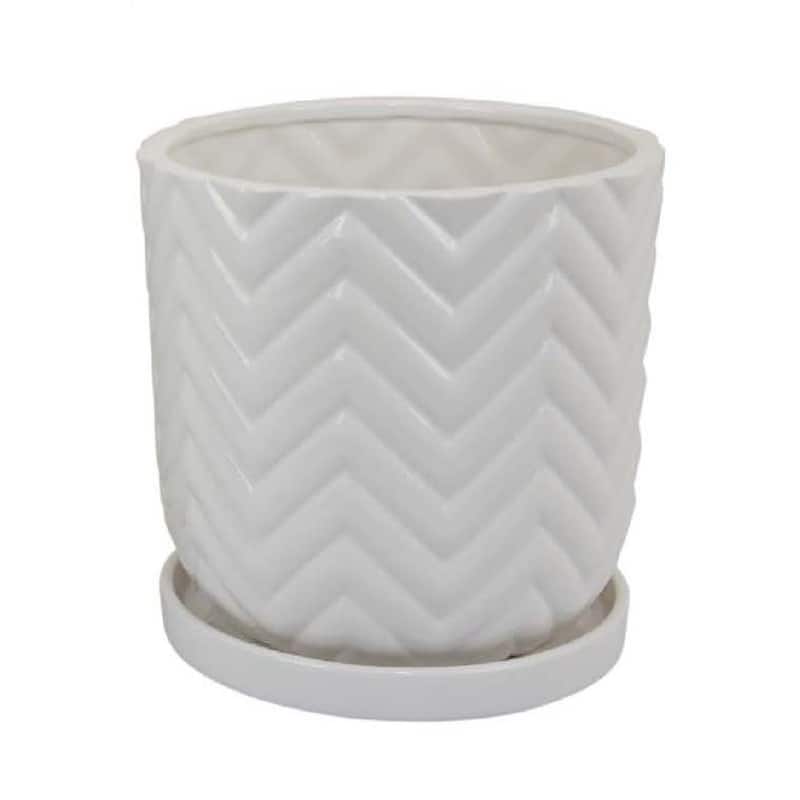 Camie Planter Set of 2, Saucers, Chevron Wave Patterns, White Ceramic