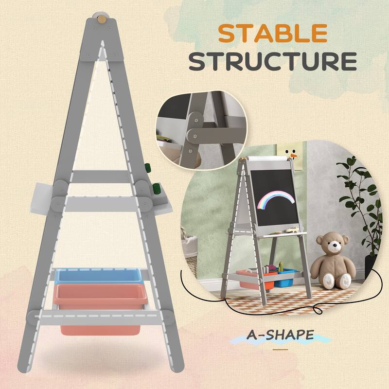 Grey Kids Easel 3-in-1 Art Station with Storage Boxes Paper Roll and Pen Holder for Ages 3-8 - 20.1" W x 19.7" D x 42.5" H