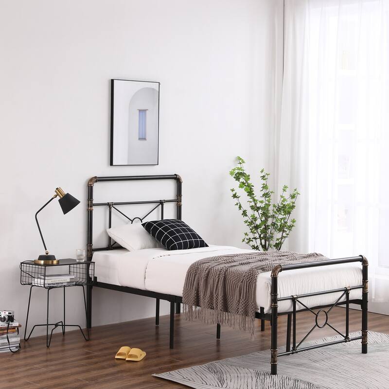 Single-layer Water Pipe Bed with Cross Design and Foot End Black Iron Bed - Twin