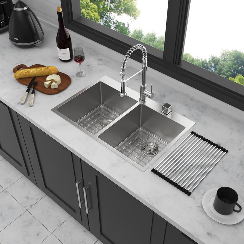 Dro-In 16 Gauge Double Bowl Stainless Steel Kitchen Sink in Brushed Nickel