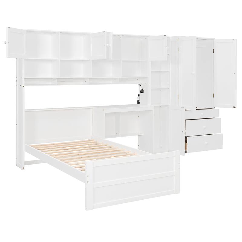 Twin Size Murphy Bed Cabinet Foldable Wall Bed Frame with Storage Wardrobes, Desk & Shelves, Wooden Hidden Platform Bed Chest